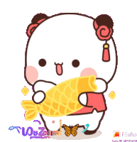 a cartoon of a panda holding a fish with a butterfly and the word halo on the bottom