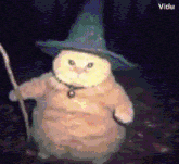 a stuffed animal is dressed as a wizard and holding a staff