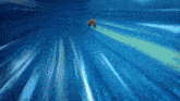 a cartoon character is flying through the air in a blue background