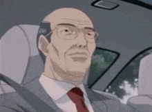a man in a suit and tie is driving a car .