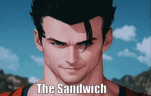 a close up of a man 's face with the words the sandwich written on it