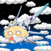 a cartoon drawing of a girl flying through clouds