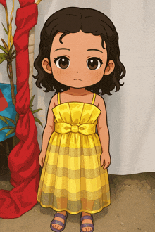a little girl in a yellow dress stands in front of a red curtain