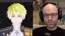 a man wearing headphones next to a picture of a boy with blonde hair