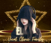 a woman wearing headphones and a black hoodie with the letter e on her face