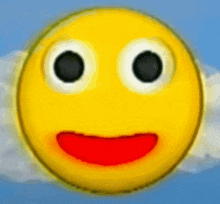 a yellow smiley face with white eyes and a red smile