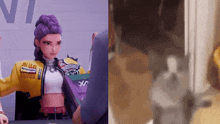 a girl with purple hair and a yellow jacket that says " attitude "