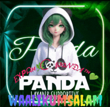 a girl with green hair is wearing a panda sweatshirt