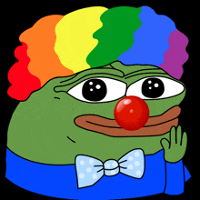 a green frog wearing a rainbow wig and a red nose