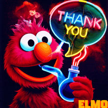 elmo from sesame street holding a neon sign that says thank you