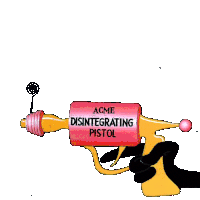 a cartoon drawing of a hand holding a rolling pin that says acme disintegrating pistol