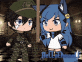 a girl with blue hair is standing next to a boy with a military uniform