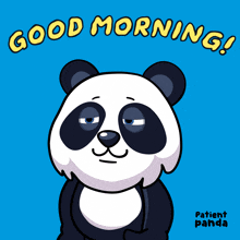 a panda bear with its eyes closed and the words good morning written above it