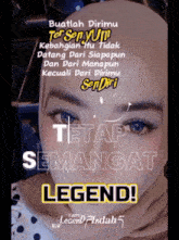 a poster with a woman 's face and the words legend on it