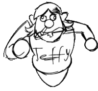 a black and white drawing of a cartoon character with the word teffy written on his chest