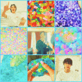 a collage of images including a man holding a gummy bear and a blue sphere