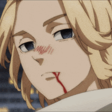 a close up of a cartoon character with blood on his face