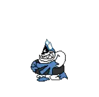 a pixel art of a cartoon character with his arms outstretched and a helmet on .