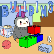 a cartoon of a penguin playing with blocks and the word building behind him