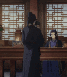 a man with a wolf tail is standing next to a woman in a blue dress