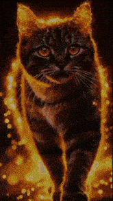 a cat is surrounded by flames and looks like it is on fire