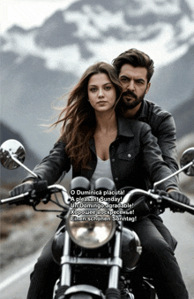 a man and a woman are riding a motorcycle with the words o dominica placuta a pleasant sunday