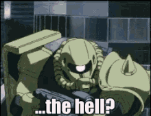 a robot is holding a gun and says " the hell " on the bottom