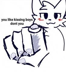 a drawing of a cat pointing at someone with the words `` you like kissing boys dont you ''