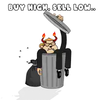 a cartoon of a man sitting in a trash can with the words buy high sell low