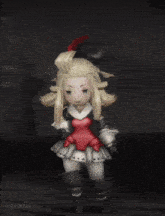 a girl in a red and white dress is surrounded by glowing stars