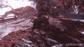 a video game scene with a samurai fighting a monster with a sword