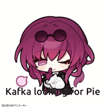 a cartoon of a girl with purple hair and the words kafka looking for pie below her