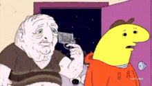 a cartoon character is holding a gun to his head next to another character .