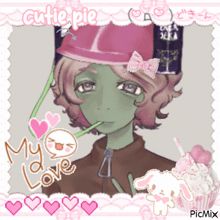 a picture of a girl with a straw in her mouth and the words cutie pie my love on the bottom