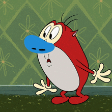 a cartoon character with a blue nose is standing in front of a green wall