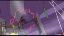 a cartoon character is flying through the air with a giant purple object .
