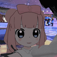 a cartoon girl with a pink bow stands in front of a sign that says special thanks