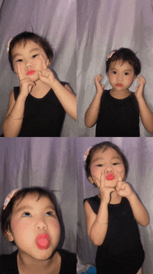 a little girl with pink lipstick on her lips makes a face