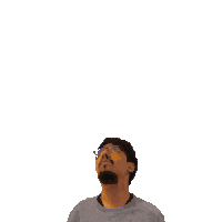 a man with glasses and a beard looks up at the number 23