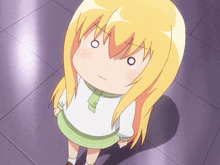 a little girl with blonde hair is making a funny face with her eyes crossed