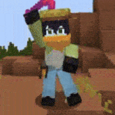 a minecraft character wearing a hat and sunglasses is standing on a dirt field .
