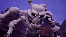 a skeleton with glowing eyes is standing in front of a purple sky