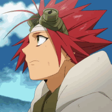 a red haired anime character with a goggles on his head