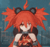 a girl with red hair and a bear headband on her head