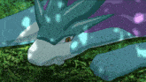 a close up of a pokemon with a purple and blue tail