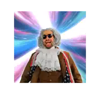 a man in a wig and sunglasses stands in front of a blue and pink background