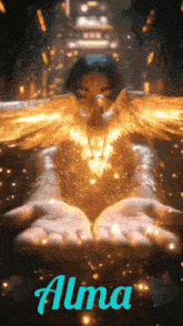 a woman is holding a bird in her hands and the word alma is on the bottom of the image