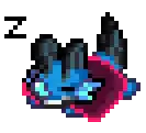 a pixel art drawing of a blue and purple monster with the letter h above it