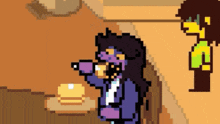 a pixel art of a person drinking a cup of coffee while another person stands behind them .