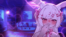 a girl with white hair and bunny ears covering her mouth